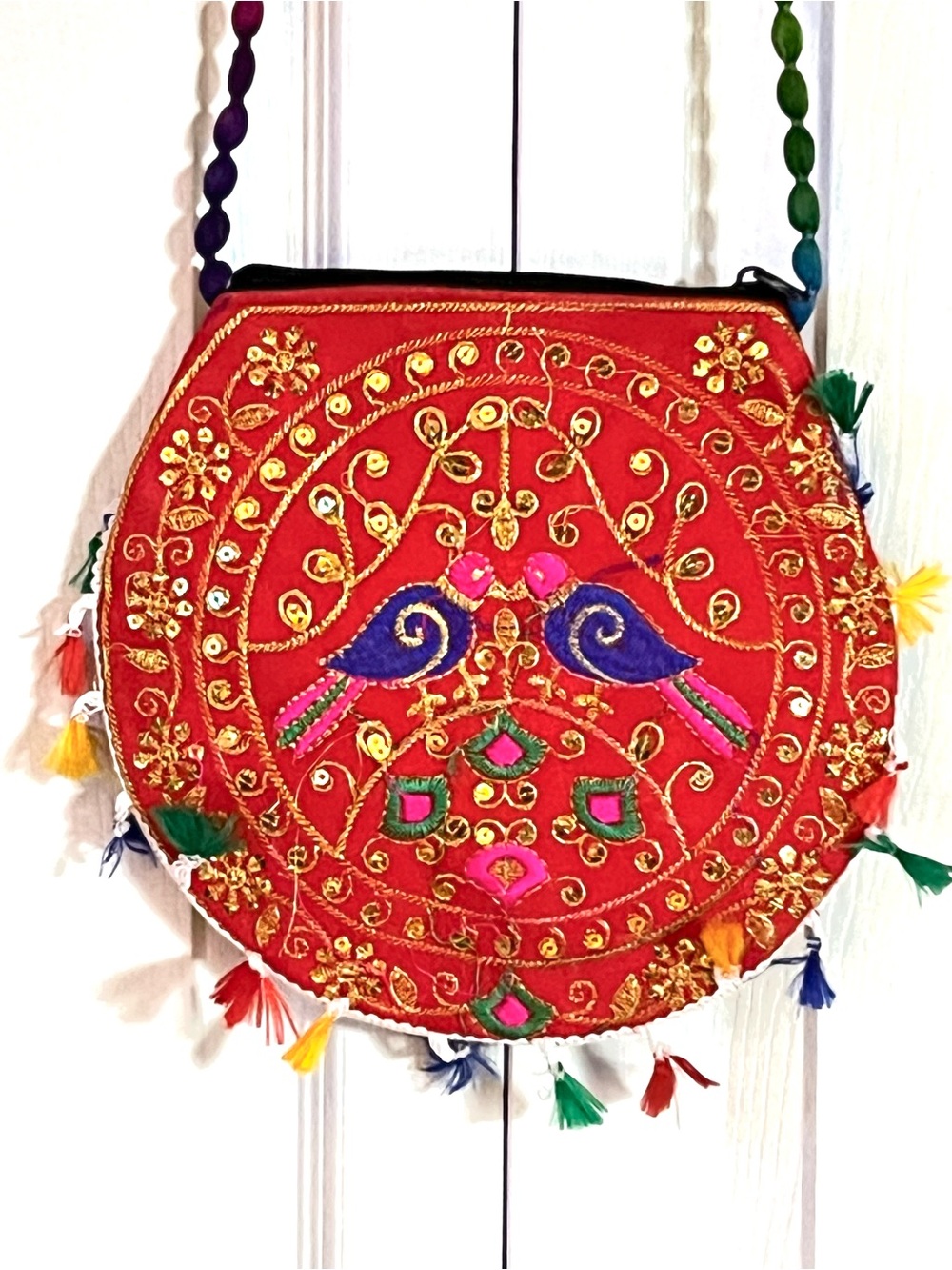 Indian Embroidered Peacock Crossbody Bag Boho Banjara Tassel Purse